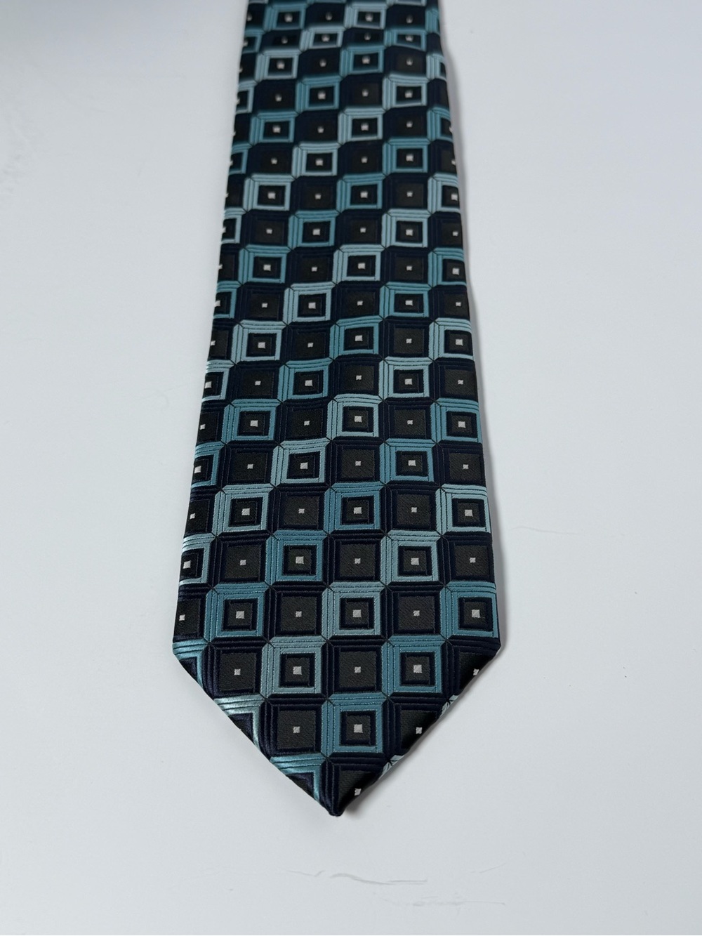 Croft & Barrow Men’s Silk Blend Necktie Teal Blue Black Geometric Square Block